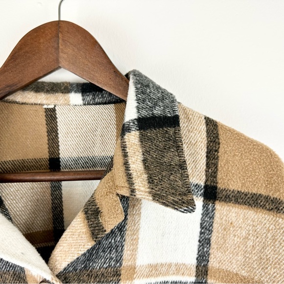 Tartan Plaid Button Down Tan Black White Oversized Shirt Jacket Shacket - Sz L - Picture 3 of 4
